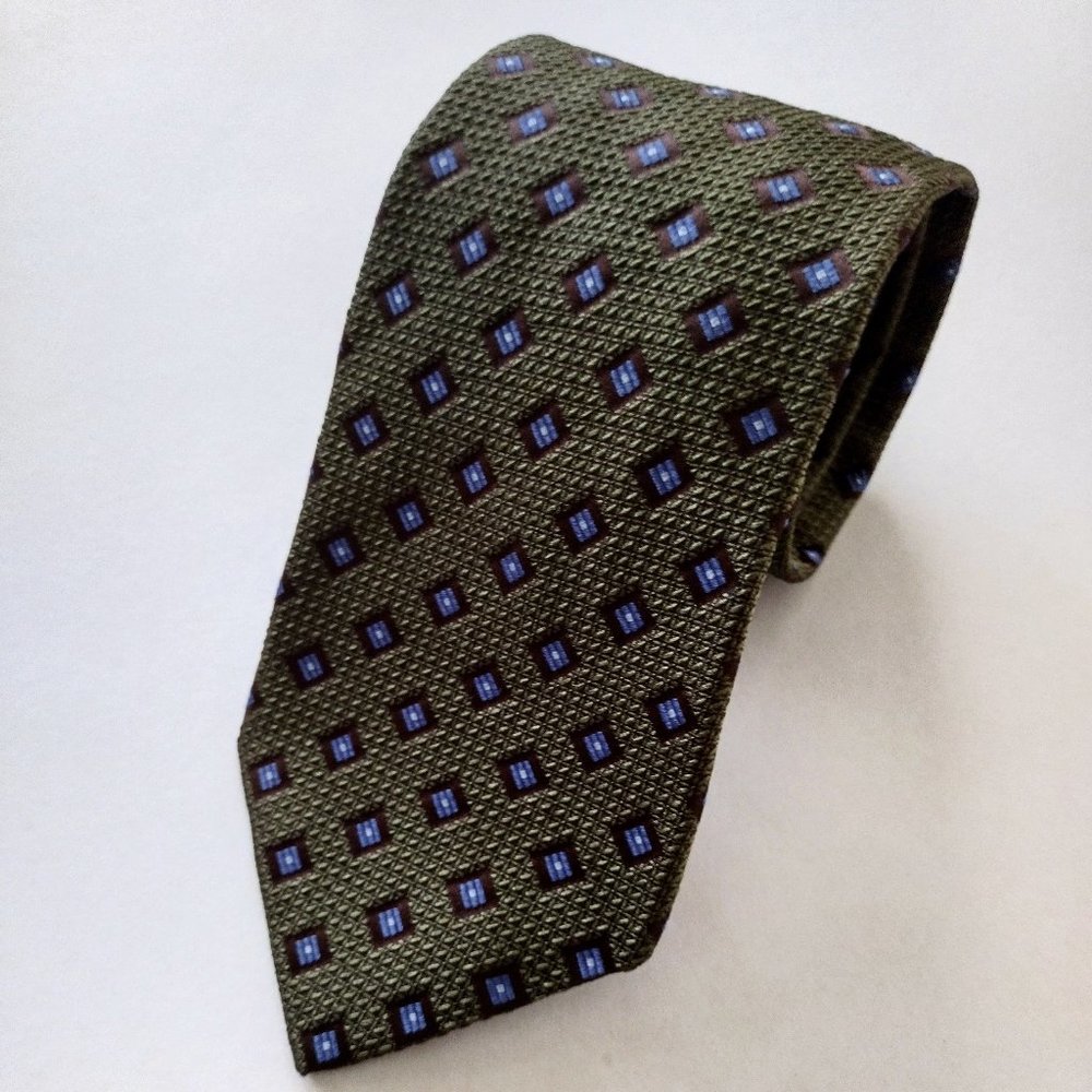 XMI Platinum Green & Blue Metallic Square Italian Silk Necktie 3.75 x 59